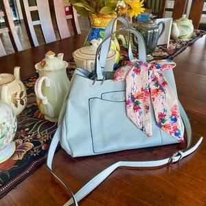 Steve Madden Light Blue Leather Tote with Floral Scarf Accent